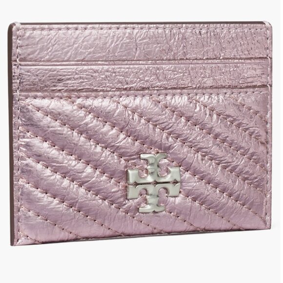 Tory Burch Leather Kira Moto Quilt Metallic Pave Logo Card Case Sparkle Pink - Picture 3 of 9